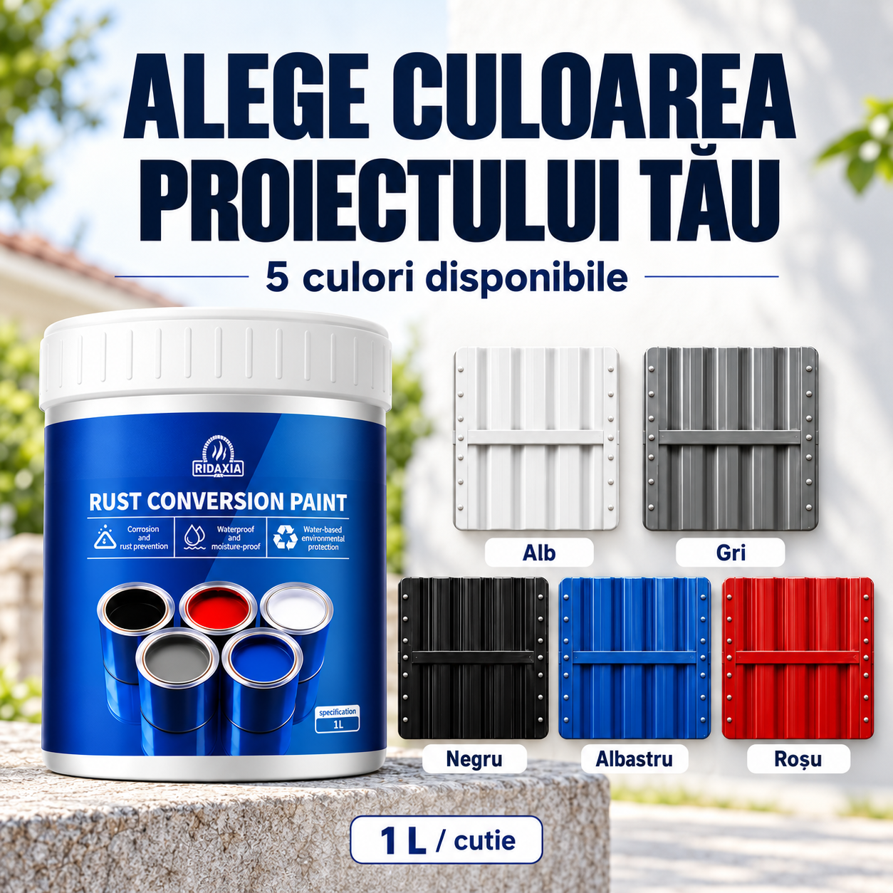 Alb, gri, negru, albastru și roșu. 1 L / cutie
