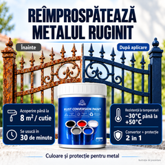 Ilustrație: metal ruginit și aspect după aplicare. Până la 8 m² / cutie, uscare în 30 de minute, rezistență de la −30°C până la +50°C.