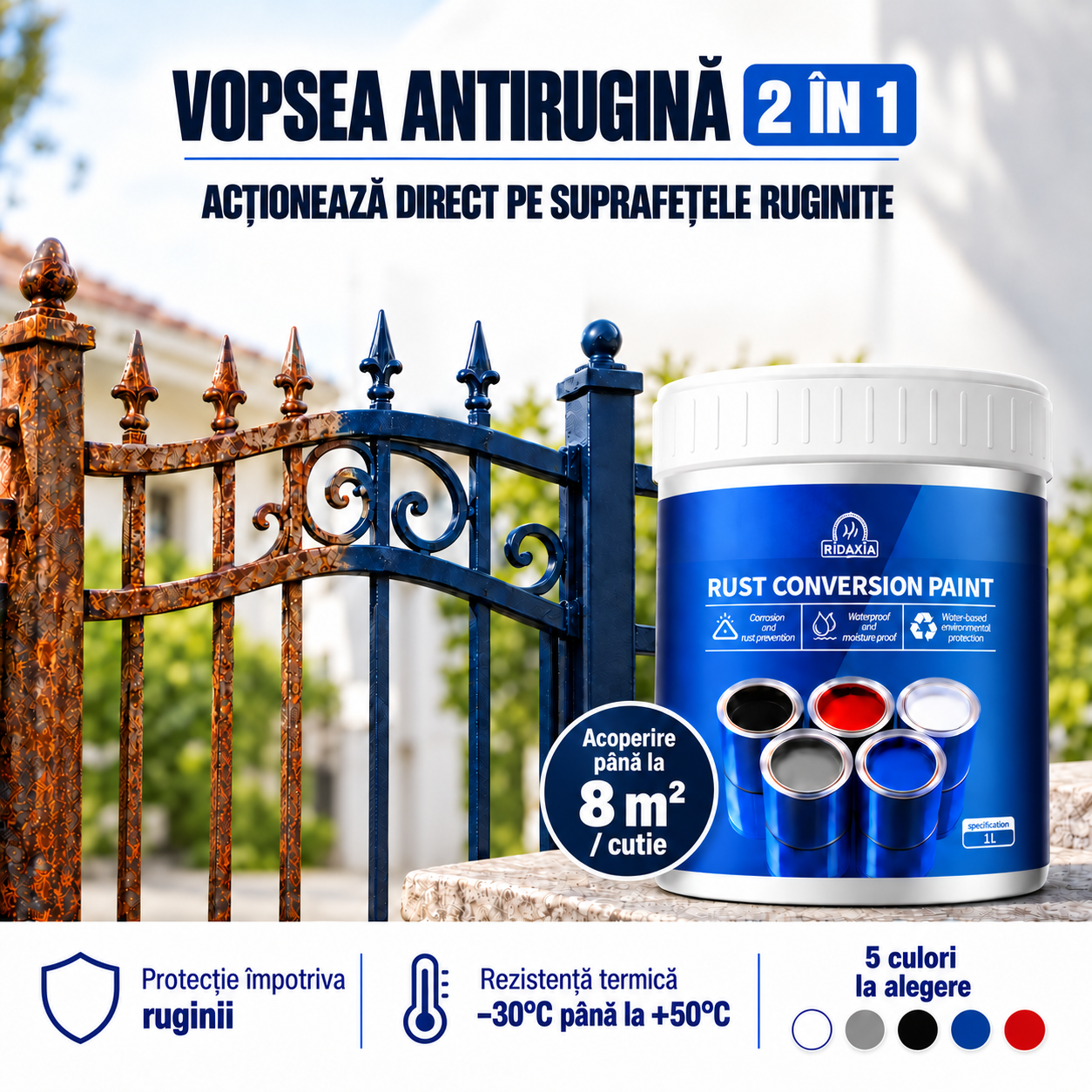 Vopsea antirugină 2 în 1. Acționează direct pe suprafețele ruginite. Protecție împotriva ruginii, până la 8 m² / cutie, rezistență termică de la −30°C până la +50°C. 5 culori.