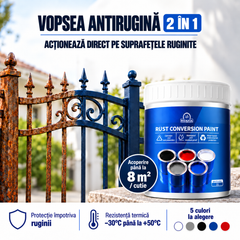 Vopsea antirugină 2 în 1. Acționează direct pe suprafețele ruginite. Protecție împotriva ruginii, până la 8 m² / cutie, rezistență termică de la −30°C până la +50°C. 5 culori.
